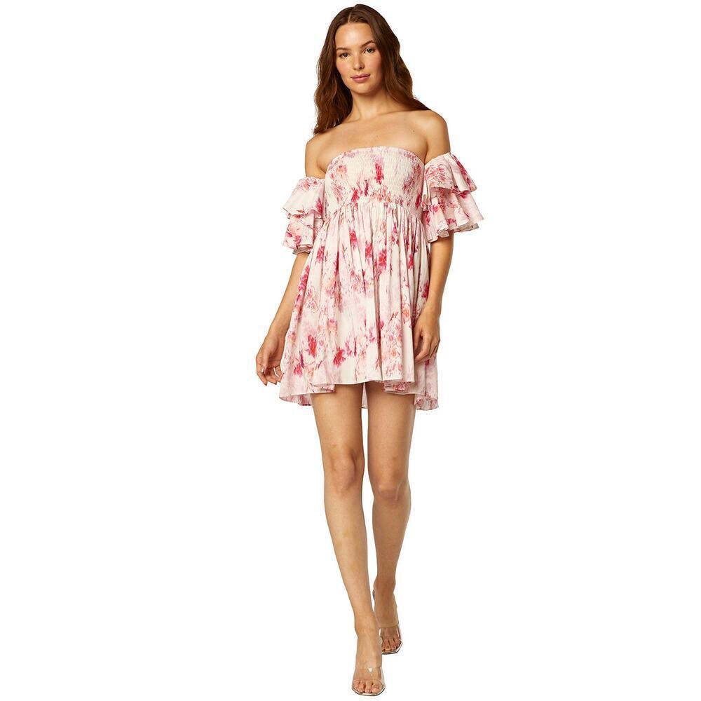 MISA Dina Pink Abstract Rose Floral Off Shoulder Mini Dress Size Extra Small